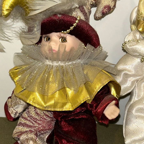 Venetian Carnival Porcelain Jester Dolls Set used, vintage