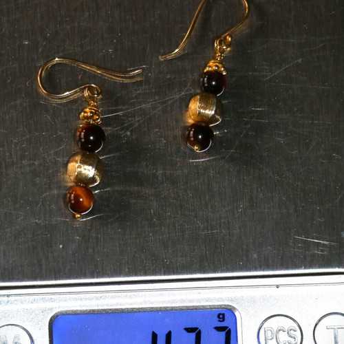 Gold earrings with tiger's eye and 22K gold-plated clasp, new