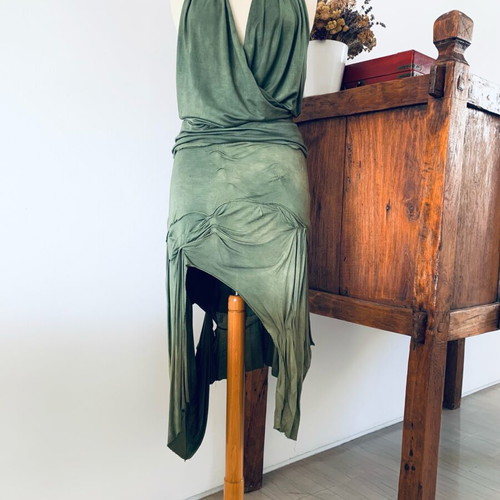 Dyens + Fotinaki handmade green set with asymmetrical skirt