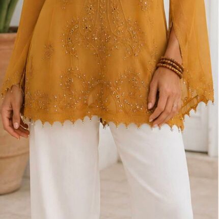 Blouse with Embroidery and Crystals New, Size M, Brown and Yellow