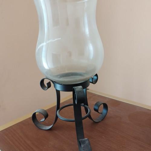 Glass candlestick with metal base, like new, 30x20 cm