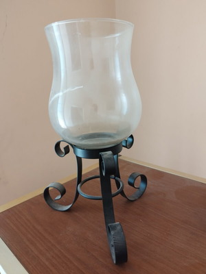 Glass candlestick with metal base, like new, 30x20 cm