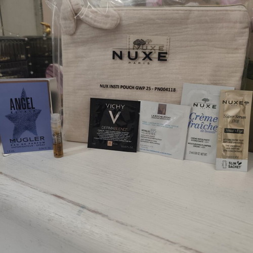 Nuxe Makeup Bag with Mugler Angel Elixir and Vichy Samples New