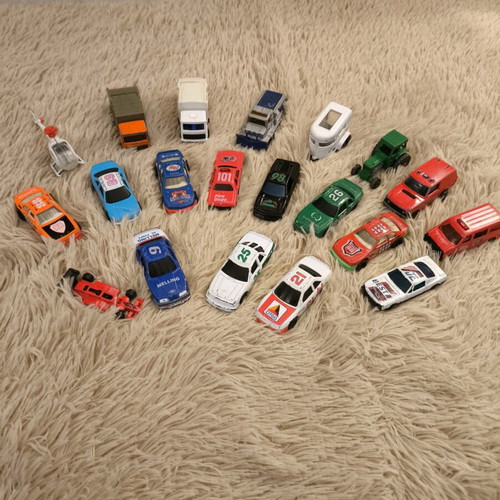 Set of 20 metal toy cars used, racing, F1, tractors, helicopter