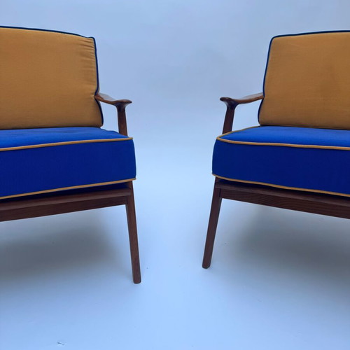 Mid century lounge chairs, pair of 2, refurbished finish