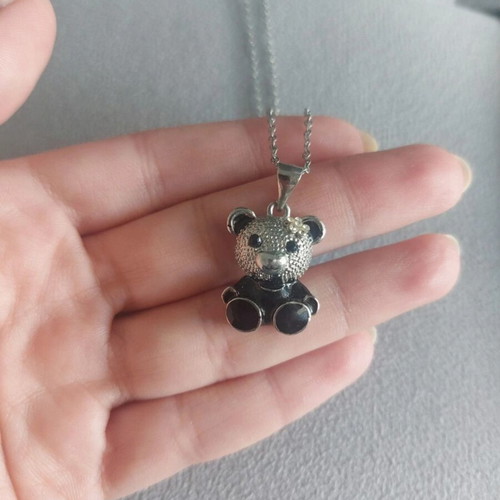 Children's teddy bear necklace made of stainless steel new, black and silver