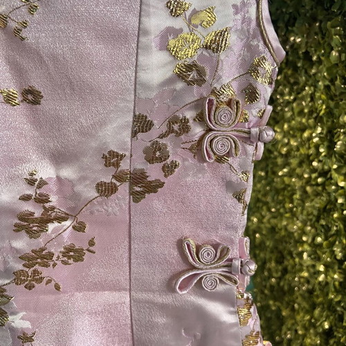 Qipao dress pink satin with gold floral patterns new, size XXXS