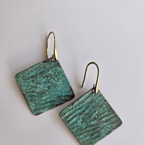 Handmade square turquoise dangle earrings used, boho style