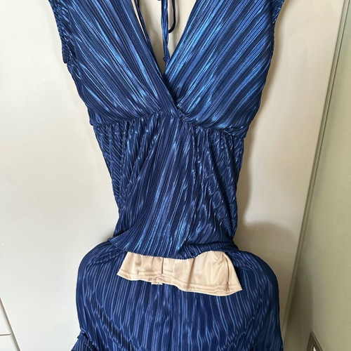 Satin blue dress with beige lining, open back and side slit, new