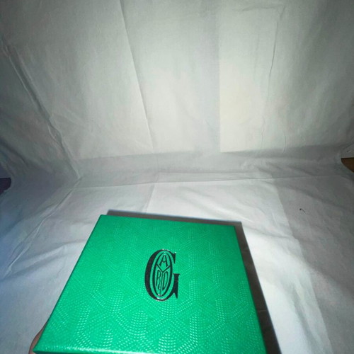 Goyard Card Holder, blue with chevron print and leather trim