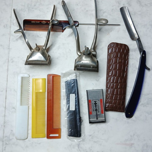Barber tools used, lot of 10 vintage items including Solingen razors