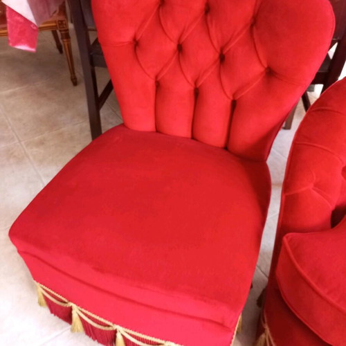 Handmade three-seater sofa and armchairs like new, red velvet