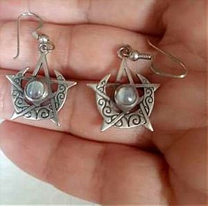 Moon Goddess Crescent Moon Pentacle , 925 Silver Moon Goddess with Natural Moonstone- Earrings