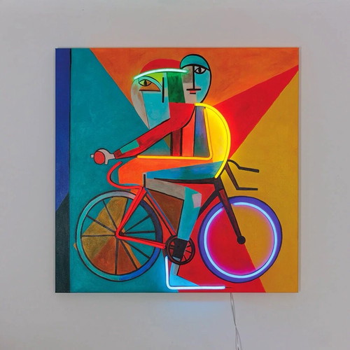 Πίνακας ζωγραφικής Abstract Cyclist σε καμβά σαν καινούργιο με LED φωτισμό