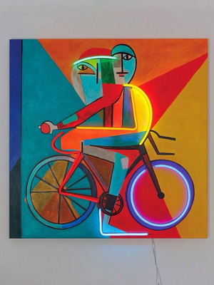 Πίνακας ζωγραφικής Abstract Cyclist σε καμβά σαν καινούργιο με LED φωτισμό