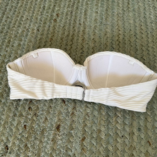 White Ribbed Bandeau Bikini Top used, strapless, adjustable back