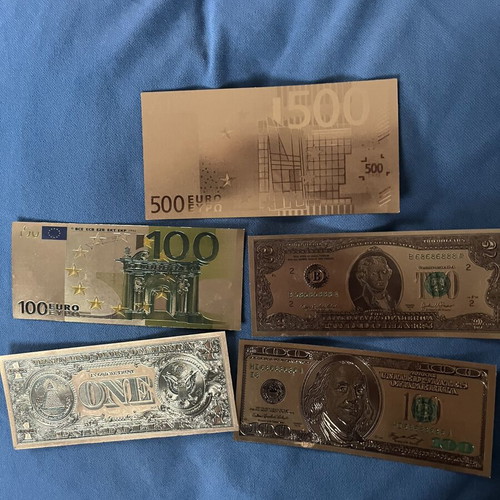 Collectible gold-plated and silver replica banknotes set of 5 like new