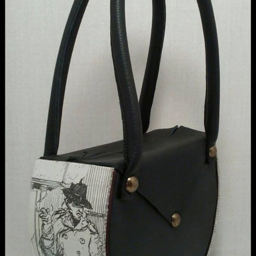 Women's handbag made of wood and calf leather new, black and white