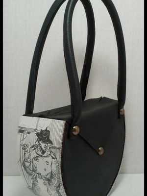 Women's handbag made of wood and calf leather new, black and white