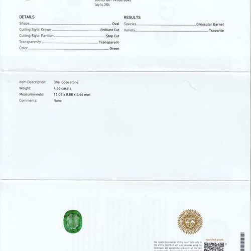 Tsavorite Garnet 4.66 Carat New with GIA Certificate