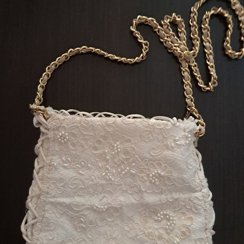 Vintage handmade crossbody bag with lace, pearls and gold chain like new, white