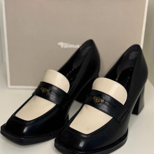 Tamaris loafer heels new, two-tone, genuine leather, 7cm heel