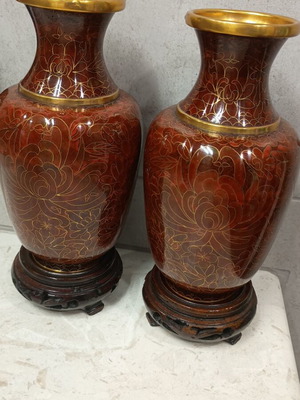 Vintage Cloisonné vases with wooden bases