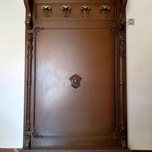Handmade walnut coat rack used, 1970s with brass hooks