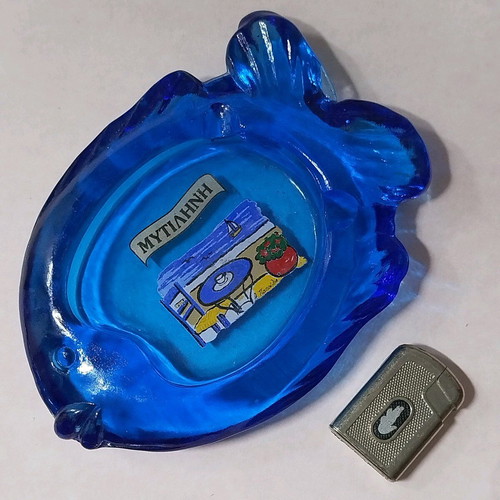 Blue glass fish-shaped ashtray like new from Mytilene