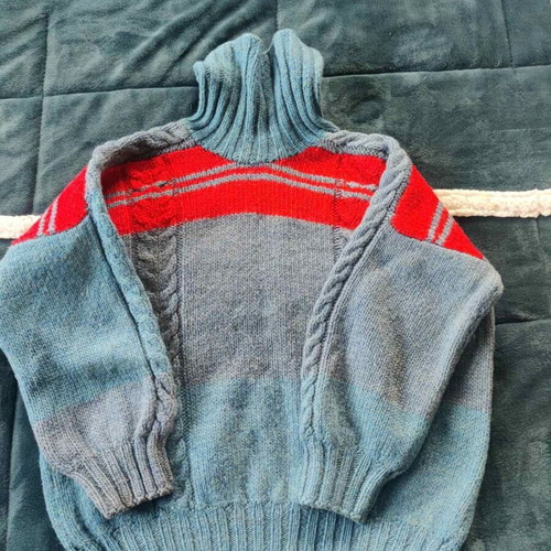 Grey-blue knitted turtleneck with red stripes like new, vintage style