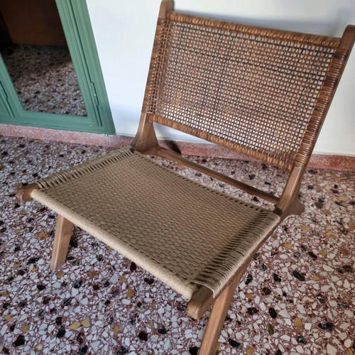 Πολυθρόνα lounge σαν καινούργιο από ξύλο μάνγκο με baboo πλέξη και σχοινί