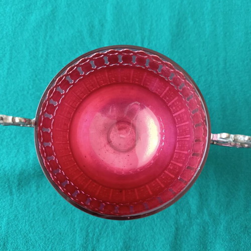 Vintage silver-plated Art Nouveau sugar bowl with blown red glass insert like new