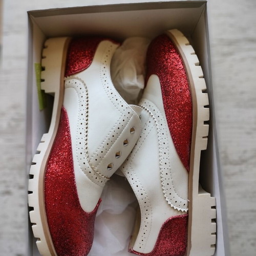 Moccasins white with red glitter new, size 38