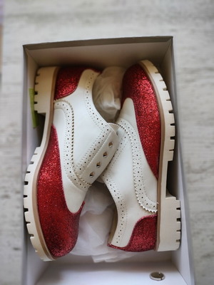 Moccasins white with red glitter new, size 38