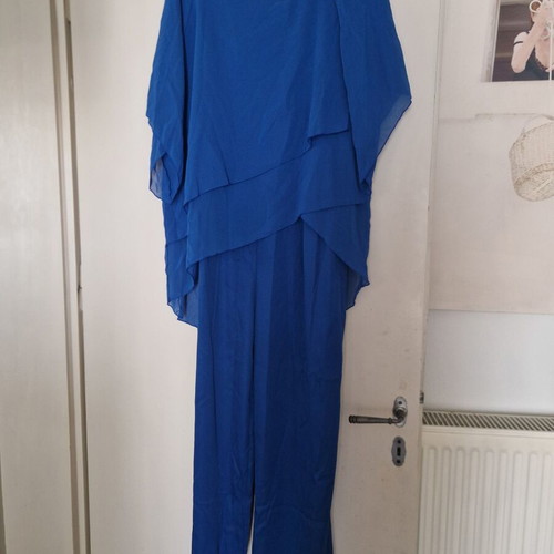 Women's two-piece set XL with straight long pants and asymmetrical top blue new