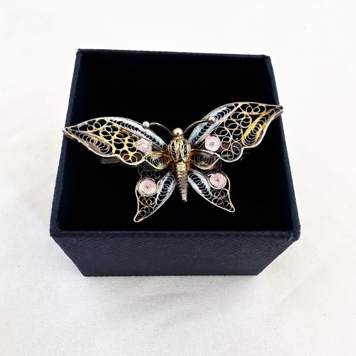 Vintage silver filigree butterfly brooch Art Deco 1930s used