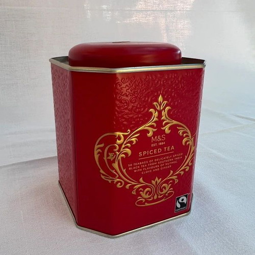Metal tea tin used from Marks & Spencer