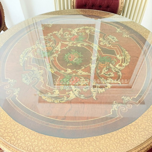 Vintage dining set round table with 6 velvet chairs Louis style like new