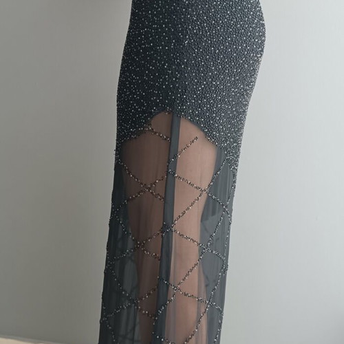 Luxury black silk maxi dress with handmade bead embroidery