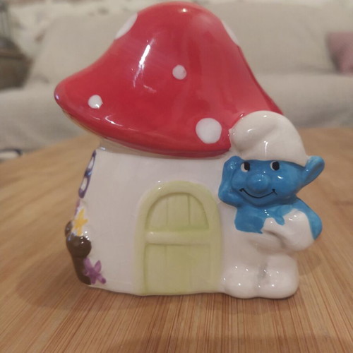 Mushroom Smurf Piggy Bank like new, ceramic