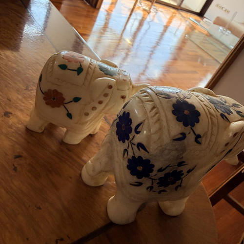 Pair of vintage Indian marble elephants with inlaid flowers