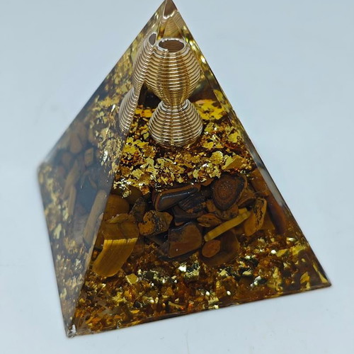 Orgonite pyramid with Tiger's Eye and gold leaves like new