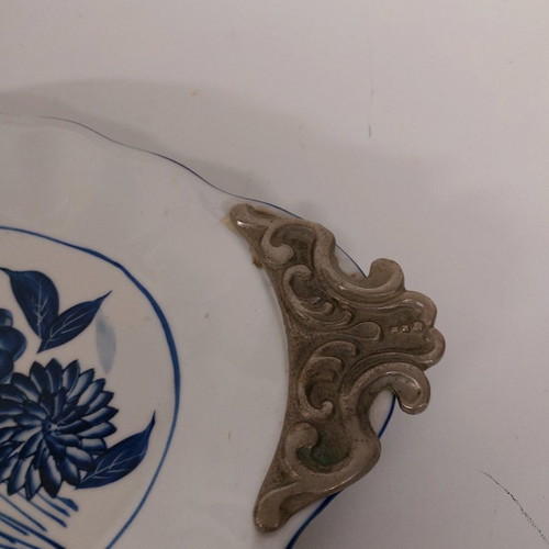 Large platter used 42×26 cm faience hand-painted with pewter handles