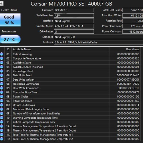 Corsair MP700 PRO SE SSD 4TB M.2 NVMe PCI Express 5.0 like new
