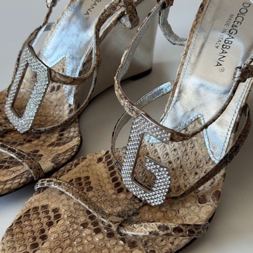 Dolce & Gabbana Snakeskin Wedge Sandals DG Crystal used, size 39.5