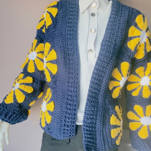 Handmade crochet cardigan made to order with daisies in blue and yellow