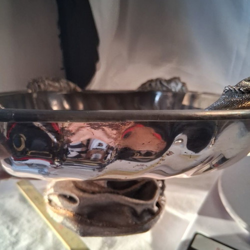 Vintage silver-plated fruit bowl used, baroque design, 37cm