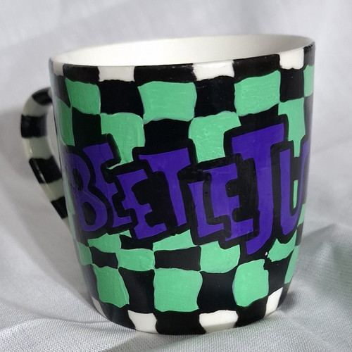 Hand-painted BeetleJuice cup with spoon custom made