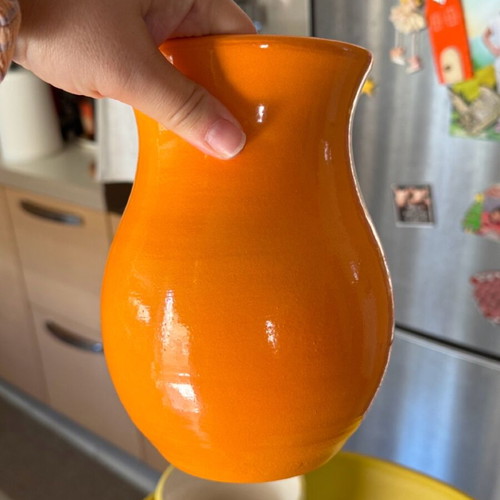 Orange vase 29 cm like new with 3 small matching candle holders gift