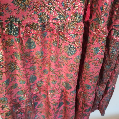 Pink coral dress with multicolor paisley and gold print, Large